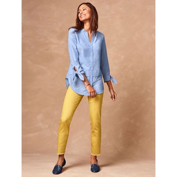 NWT Talbots Flawless Five Pocket Frayed Hem Slim Ankle Jeans in Yellow, Size 4P - Picture 2 of 16